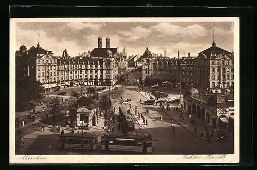 AK München, Karlstor-Rondell mit Geschäften und Strassenbahn