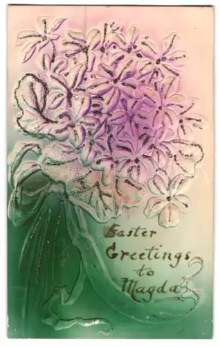 Präge-Airbrush-AK Easter Greetings to Magda, Blumenstrauss