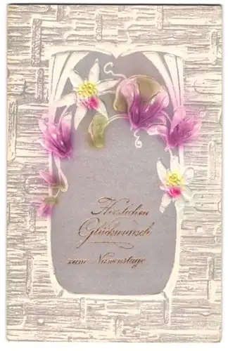 Präge-Airbrush-AK Glückwunsch zum Namenstag mit Blumen