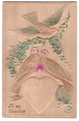 Präge-Airbrush-AK To my Valentine, Turteltauben und Vergissmeinnicht