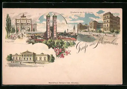 Lithographie München, Akademie der bildenden Künste, Frauenkirche, Glyptothek