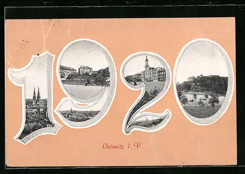 AK Oelsnitz i. V., Jahreszahl 1920 mit Kirche, Uferpartie und Ortspartie, Passepartout