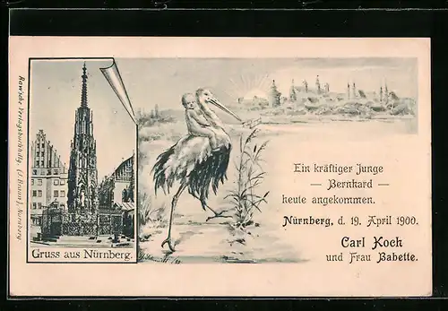 AK Nürnberg, Denkmal, Storch trägt ein Baby, Geburtsanzeige von Bernhard Koch 1900