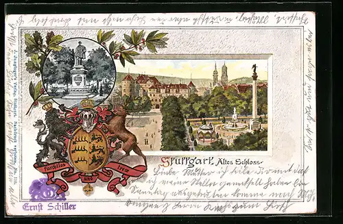 Lithographie Stuttgart, Altes Schloss, Denkmal, Wappen, Passepartout
