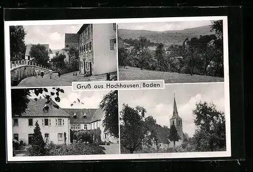 AK Hochhausen /Baden, Kirche, Brücke, Ortspartie
