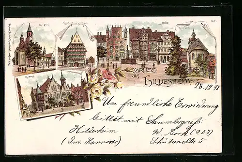 Lithographie Hildesheim, Knochenhaueramtshaus, Rathaus, Markt