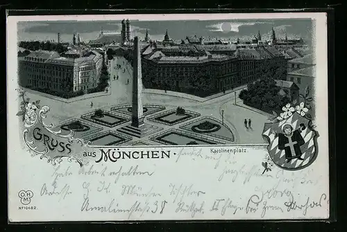 Mondschein-Lithographie München, Karolinenplatz mit Denkmal, Wappen