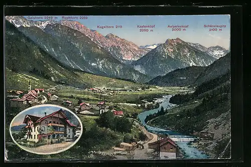 AK Hinterstein /Bayr. Allgäu, Gasthaus und Pension zum Steinadler, Panorama mit Gaishorn, Rauhhorn und Kugelhorn