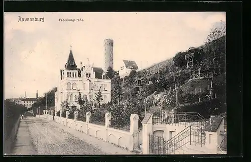 AK Ravensburg, Federburgstrasse mit Turm