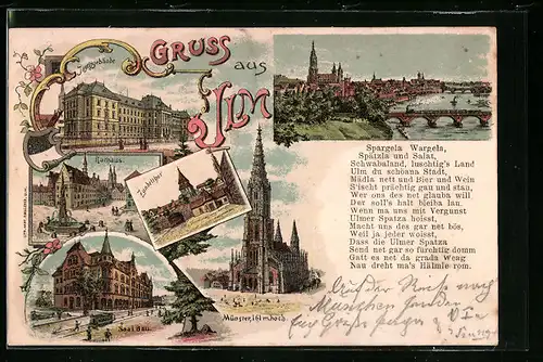 Lithographie Ulm, Münster, Saal-Bau mit Strassenbahn, Justizgebäude