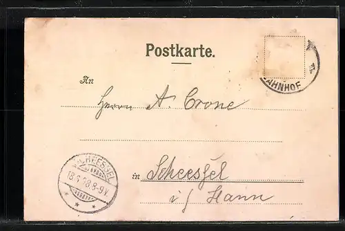 Lithographie Ulm, Münster, Saal-Bau mit Strassenbahn, Justizgebäude