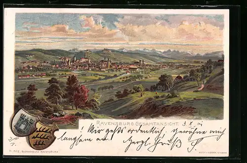 Künstler-AK Ravensburg, Gesamtansicht, Wappen