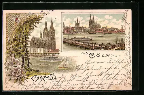 Lithographie Köln, Rheinpartie mit Stadtpanorama und Dom