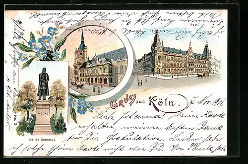 Lithographie Köln, Rathaus, Moltke-Denkmal und Post