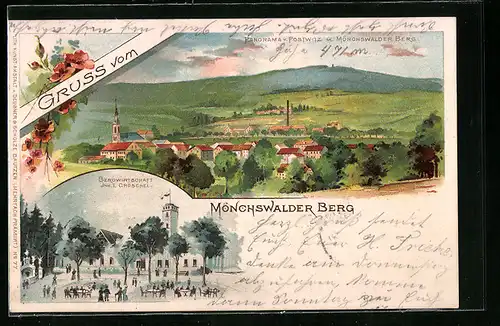 Lithographie Wilthen, Gasthaus Mönchswalder Berg mit Panorama von Postwitz