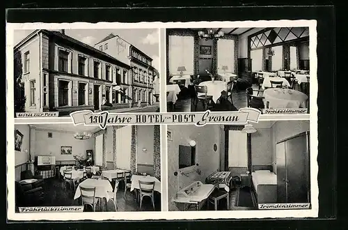 AK Gronau i. Westf., Hotel zur Post mit Innenansichten von Speisezimmer, Frühstückszimmer und Fremdenzimmer