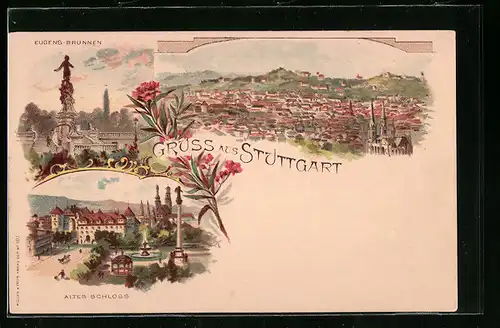 Lithographie Stuttgart, Eugens-Brunnen, Altes Schloss und Totalansicht