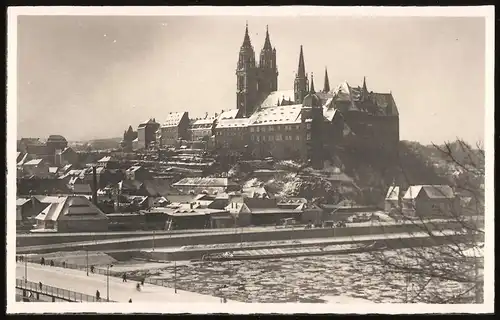 Fotografie Brück & Sohn Meissen, Ansicht Meissen i. Sa., Blick auf die Stadt mit Eisgang auf der Elbe