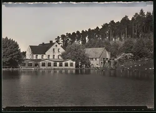 Fotografie Brück & Sohn Meissen, Ansicht Herrndorf-Hetzdorf, Blick über den Badeteich zum Gasthaus Sumpfmühle