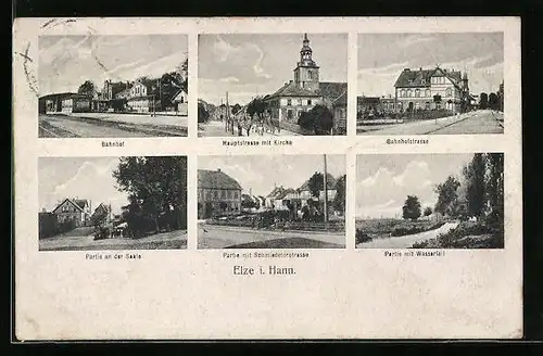 AK Elze i. Hann., Bahnhof und Hauptstrasse mit Kirche