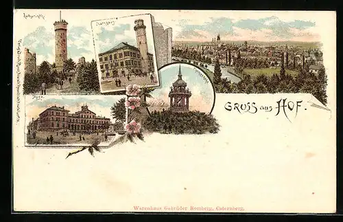 Lithographie Hof, Labyrinth, Rathaus und Post