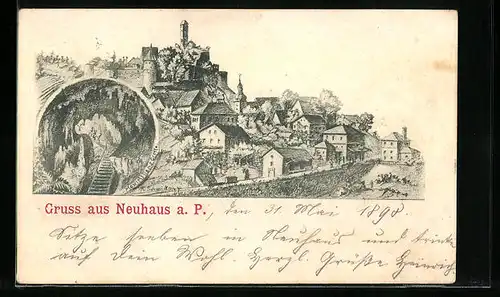 Lithographie Neuhaus a. P., Ortsansicht mit Schloss