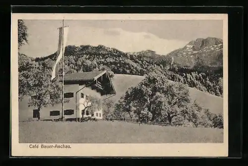 AK Aschau, Café Bauer mit Gebirgskulisse