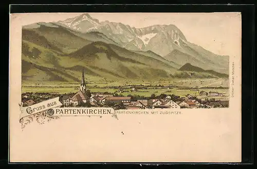 Lithographie Partenkirchen, Ortsansicht mit Zugspitze