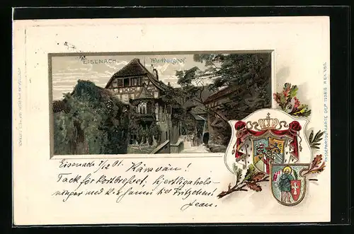 Passepartout-Lithographie Eisenach, Blick in den Wartburghof, Wappen
