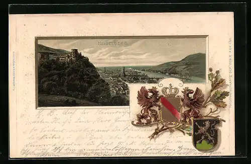 Passepartout-Lithographie Heidelberg, Ortsansicht mit Schloss, Wappen