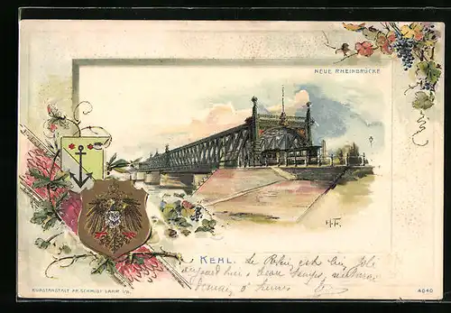 Passepartout-Lithographie Kehl, Blick auf die Neue Rheinbrücke