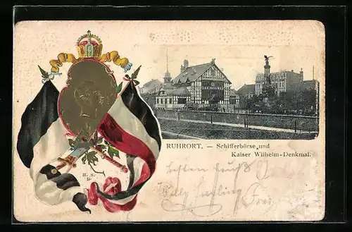 Passepartout-Lithographie Ruhrort, Schifferbörse und Kaiser Wilhelm-Denkmal