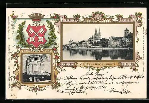 Passepartout-Lithographie Regensburg, Ortsansicht und Wappen