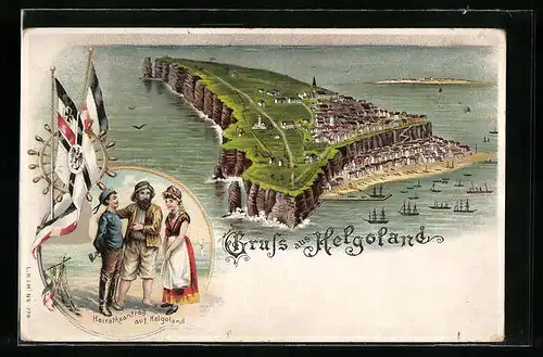 Lithographie Helgoland, Blick auf die Insel