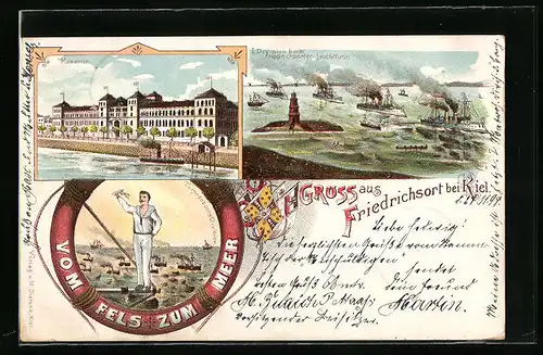 Lithographie Friedrichsort bei Kiel, Kaserne und Friedrichsorter Leuchtturm