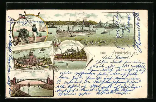 Lithographie Friedrichsort, Kriegshafen und Hochbrücke bei Levensau