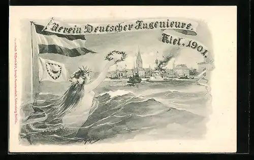 Lithographie Kiel, Stürmische See vor der Stadt