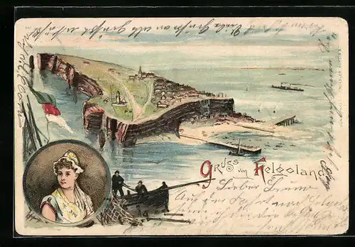 Lithographie Helgoland, Die Insel mit Fischerboot aus der Vogelschau