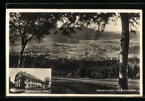 AK Häusern im südl. bad. Schwarzwald, Der Ort vom Waldrand aus und das Gasthaus zum Adler