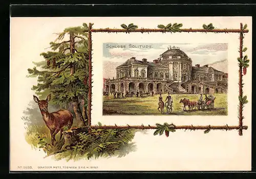 Passepartout-Lithographie Stuttgart, Reiter und Kutsche vor dem Schloss Solitude