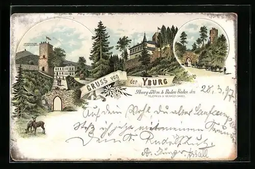 Lithographie Yburg b. Baden-Baden, Grossherzog-Friedrichsthurm und Pferdekutschen