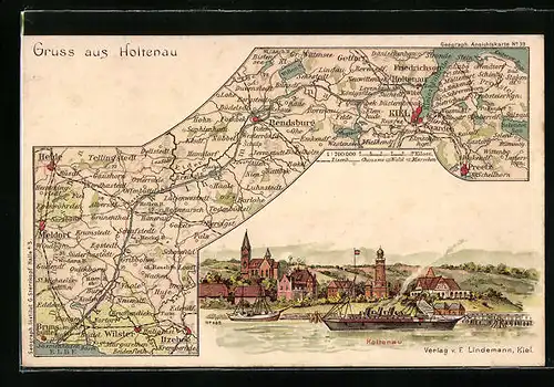 Lithographie Holtenau, Ortsansicht mit Dampfer, Landkarte