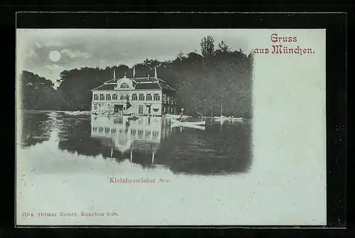 Mondschein-AK München-Schwabing, Ruderboot auf dem Kleinhesseloher See