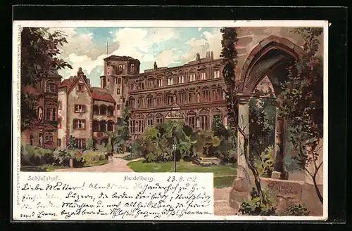 Lithographie Heidelberg, Blick über den Schlosshof zum Schloss