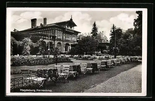 AK Magdeburg, Gasthof Herrenkrug mit Terrasse