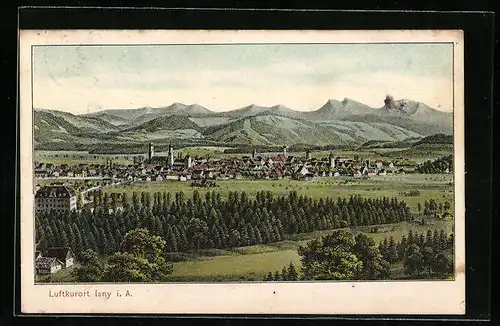 AK Isny i. A., Ortsansicht über Wiesen und Bäume