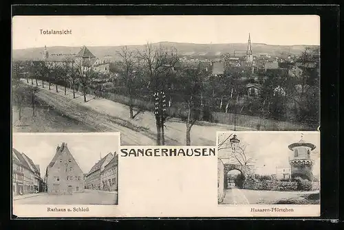 AK Sangerhausen, Rathaus & Schloss, Husaren-Pförtchen, Totalansicht