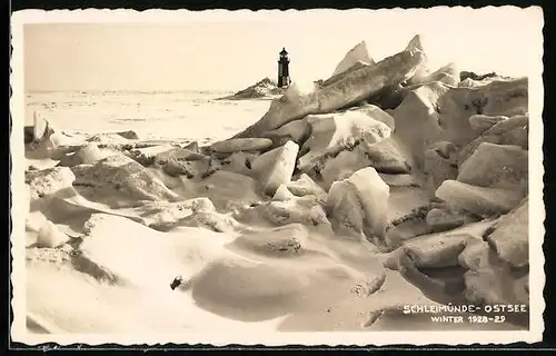 AK Schleimünde, Eisstoss mit Blick zum Leuchtturm im Winter 1928-1929