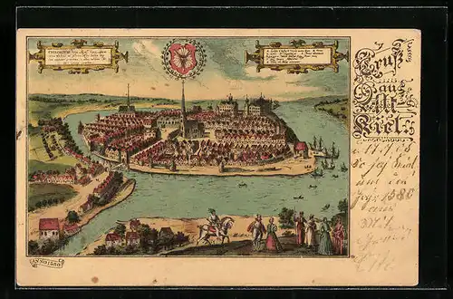 Künstler-AK Kiel, Gesamtansicht aus der Vogelschau im Jahre 1580