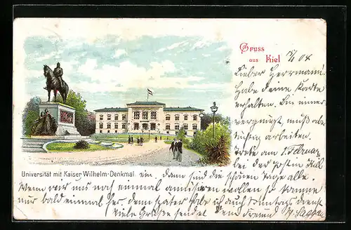 Lithographie Kiel, Universität mit Kaiser Wilhelm-Denkmal